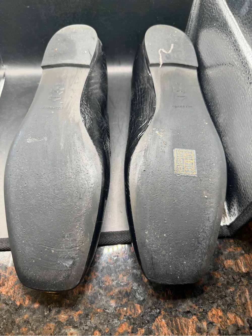 Tory Burch Black Leather Square-Toe Logo Flats